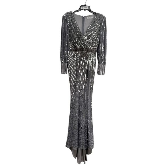 Mac Duggal Silver Sequined Wrap Over Bishop Sleeve Gown - Size 2 - New - Picture 4 of 7